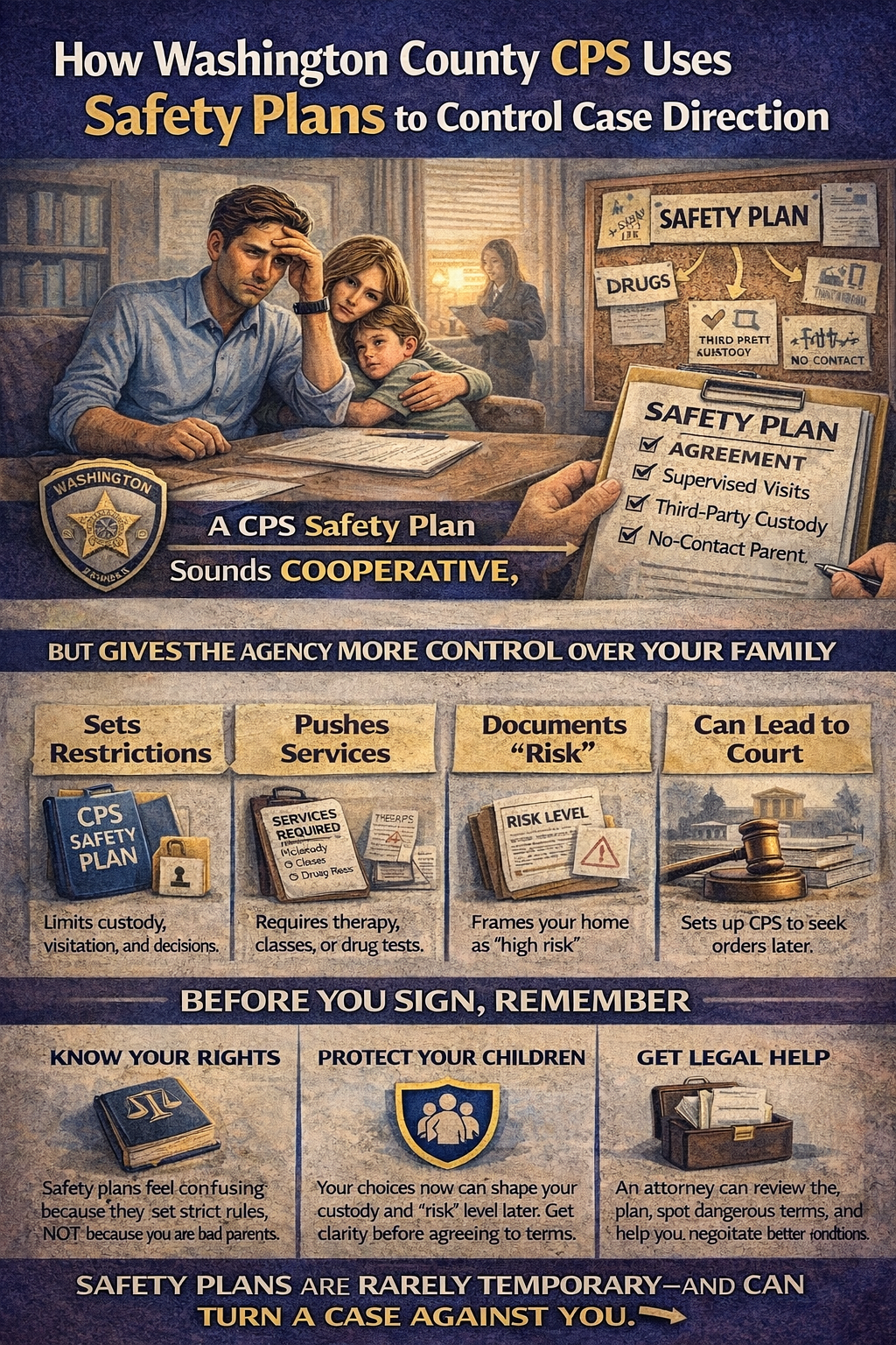 A worried family reviews a CPS safety plan as an infographic warns that Washington County safety plans can restrict custody, document “risk,” and steer the case toward court involvement.