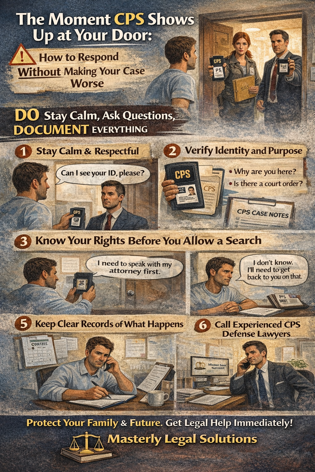 The Moment CPS Shows Up at Your Door: How to Respond Without Making Your Case Worse” showing CPS workers at a doorway and a step-by-step guide advising parents to stay calm, verify identity, ask if there is a court order, avoid over-explaining, document everything, and contact a CPS defense attorney, branded with Masterly Legal Solutions.