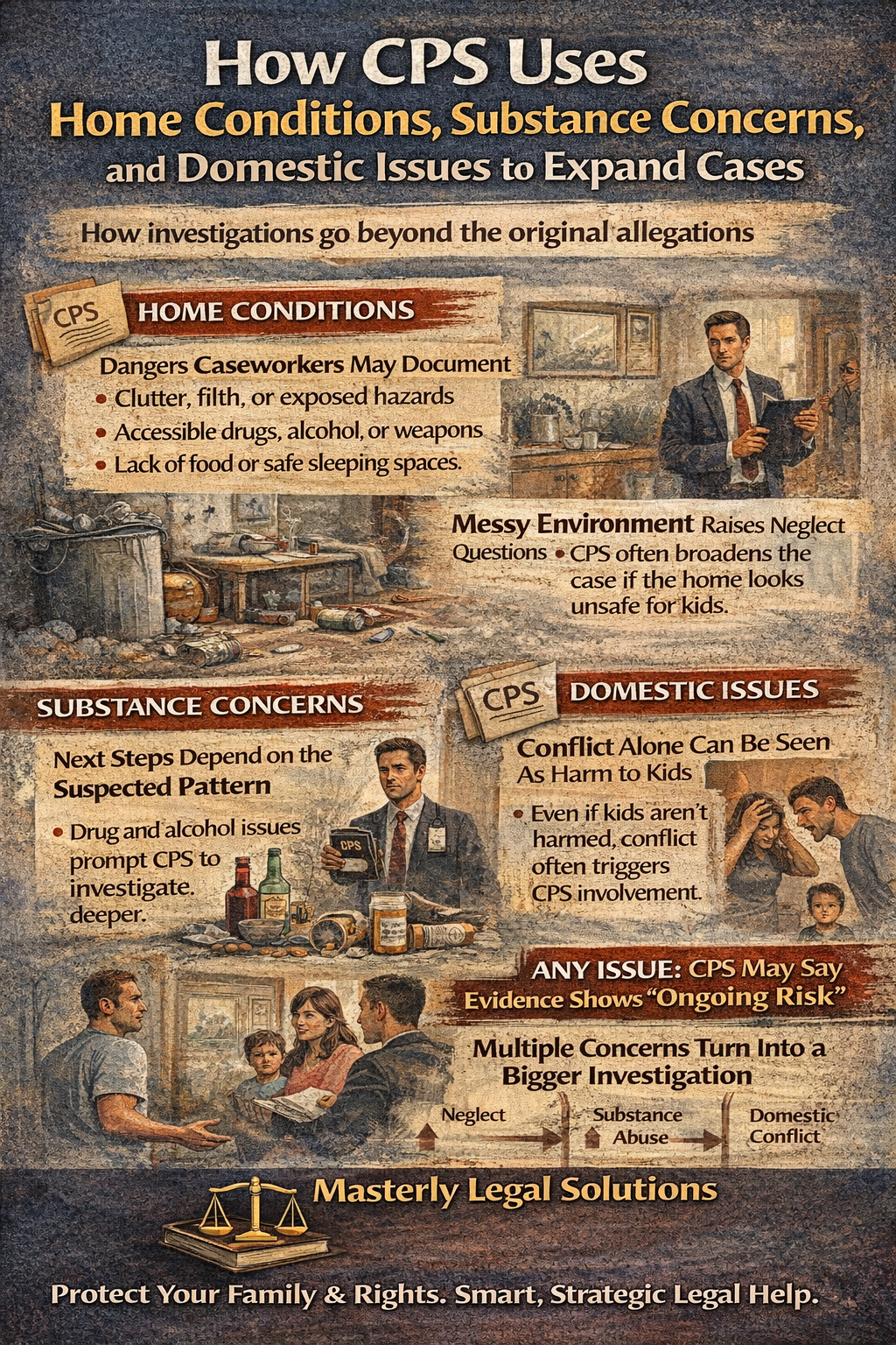 How CPS Uses Home Conditions, Substance Concerns, and Domestic Issues to Expand Cases” explaining how CPS investigations can grow beyond the original report. The graphic shows examples of messy or unsafe home conditions, substance-related concerns, and domestic conflict being documented by caseworkers, and how multiple issues can combine into a larger investigation, branded with Masterly Legal Solutions.