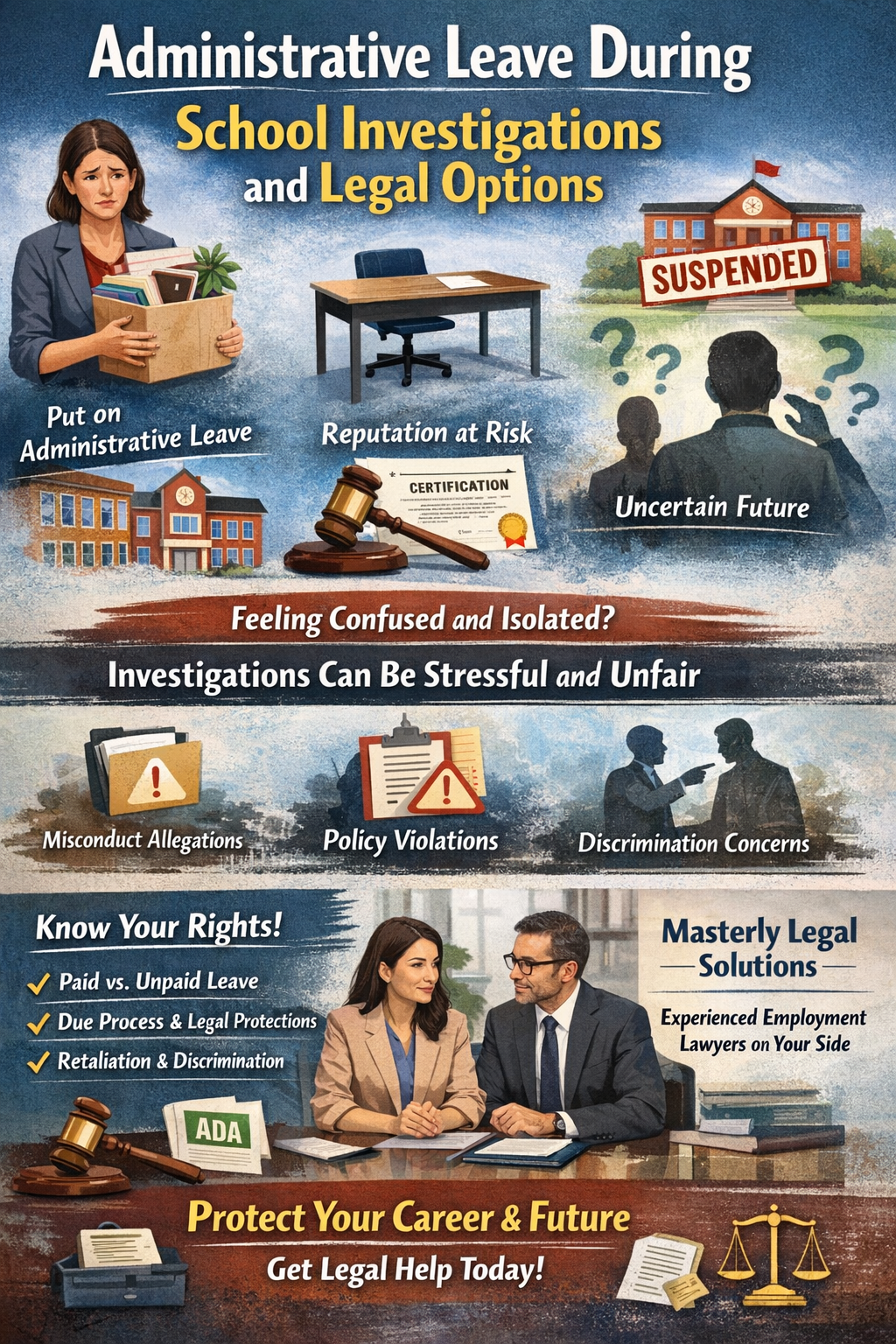 Administrative Leave During School Investigations and Legal Options” showing a stressed educator outside a school marked “Suspended” with investigation tape, plus sections explaining administrative leave impacts, why investigations happen, the emotional reality of investigations, and key legal rights like discrimination claims, paid vs. unpaid leave, and contract review, branded with Masterly Legal Solutions and a “Get Legal Help” callout.