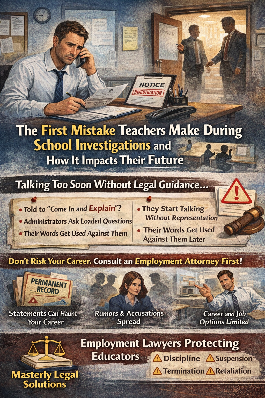 The First Mistake Teachers Make During School Investigations and How It Impacts Their Future” showing a stressed teacher at a desk holding investigation paperwork while administrators stand in the doorway. The graphic warns that the biggest mistake is talking too soon without legal guidance, lists risks like loaded questions and statements being used later, and highlights career consequences such as permanent records, rumors, and limited job options, branded with Masterly Legal Solutions.