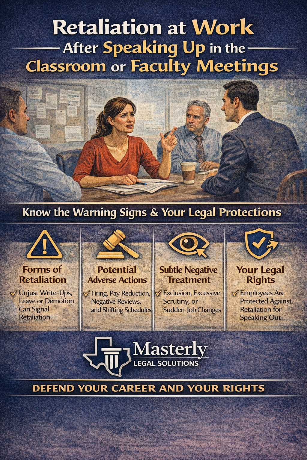 Informational graphic about workplace retaliation in schools, showing an educator speaking during a faculty meeting and highlighting warning signs such as adverse actions, subtle negative treatment, and employee legal protections after speaking up.