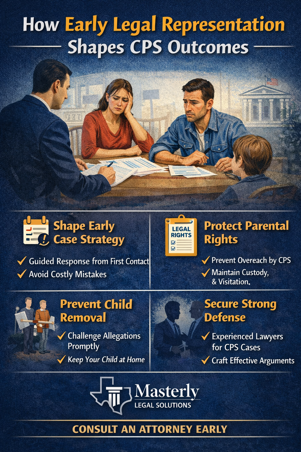 How Early Legal Representation Shapes CPS Outcomes’ showing Texas parents reviewing CPS documents, explaining how early legal support helps protect parental rights, prevent child removal, and influence CPS investigations.