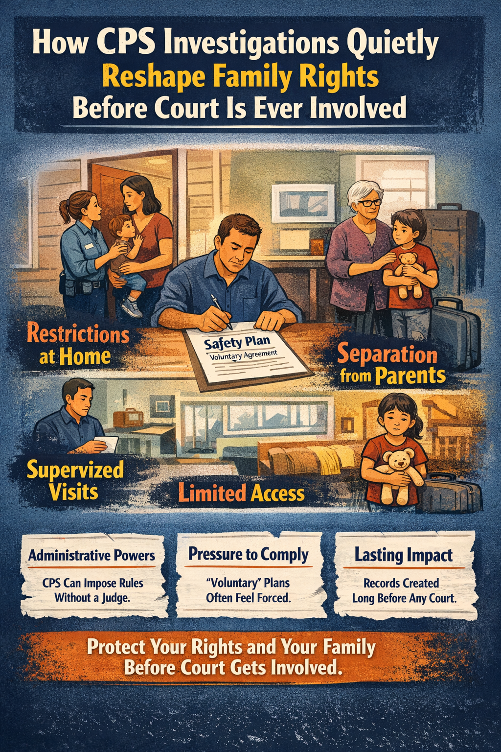 Informational illustration titled “How CPS Investigations Quietly Reshape Family Rights Before Court Is Ever Involved.” A CPS worker speaks with a mother holding a child at the doorway while a father signs a “Safety Plan—Voluntary Agreement.” On the right, a grandmother comforts a child standing beside a suitcase, suggesting temporary placement. Bold labels read “Restrictions at Home,” “Separation from Parents,” “Supervised Visits,” and “Limited Access.” Three boxes at the bottom highlight “Administrative Powers,” “Pressure to Comply,” and “Lasting Impact,” followed by the line “Protect your rights and your family before court gets involved.