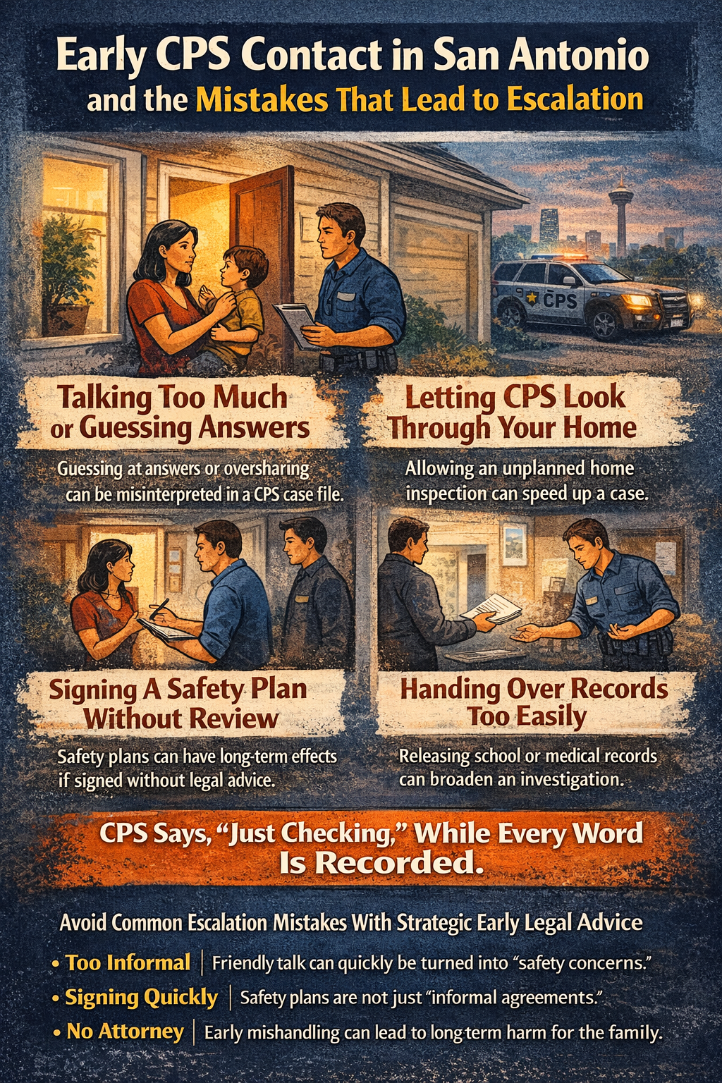 Early CPS Contact in San Antonio and the Mistakes That Lead to Escalation,” showing a CPS worker at a family’s door and warning panels about oversharing, home inspections, signing safety plans quickly, and handing over records too easily.