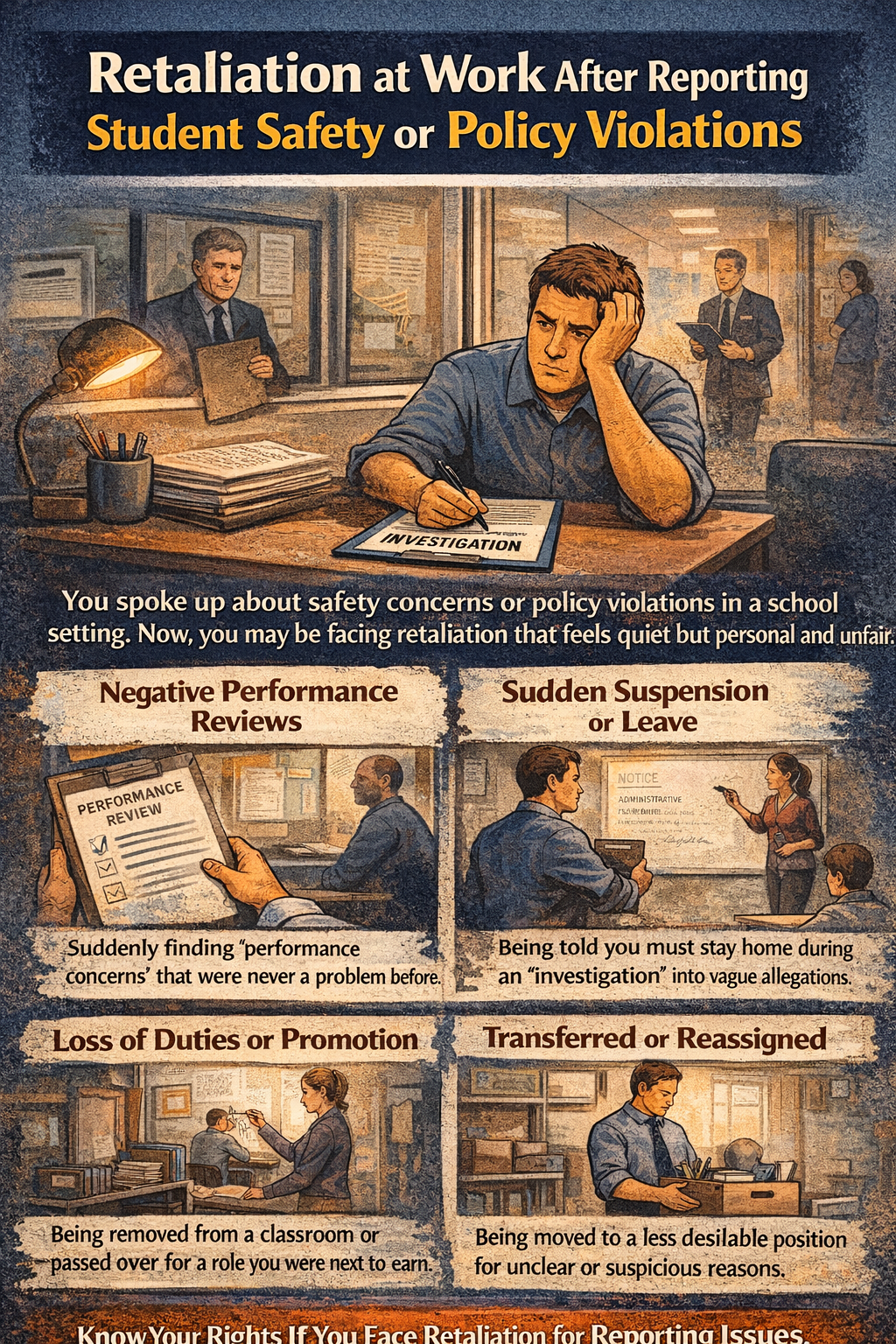 Retaliation at Work After Reporting Student Safety or Policy Violations.” A stressed teacher sits at a desk with an “Investigation” file while administrators watch in the background. Four panels illustrate common retaliation signs: negative performance reviews, sudden suspension or administrative leave, loss of duties or promotion opportunities, and being transferred or reassigned to a less desirable position. A closing message encourages employees to know their rights if retaliation follows reporting concerns.