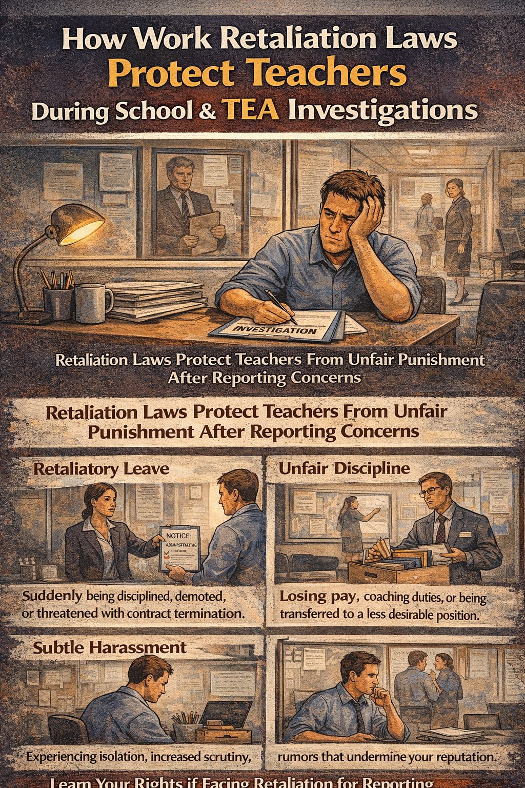 How Work Retaliation Laws Protect Teachers During School & TEA Investigations.” A stressed teacher sits at a desk with an “Investigation” file while administrators stand nearby. Three panels show common retaliation outcomes: being placed on retaliatory administrative leave, facing unfair discipline such as demotion or termination threats, and experiencing subtle harassment like isolation, increased scrutiny, and workplace rumors. The graphic emphasizes that retaliation laws protect teachers after reporting concerns.