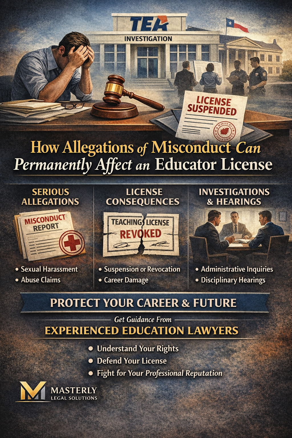 How Allegations of Misconduct Can Permanently Affect an Educator License,” showing a distressed educator beside a misconduct report, a gavel, and a “License Suspended” notice in front of a TEA investigation building, with sections on serious allegations, license consequences, investigations and hearings, and a message encouraging educators to get help from experienced education lawyers, branded by Masterly Legal Solutions.