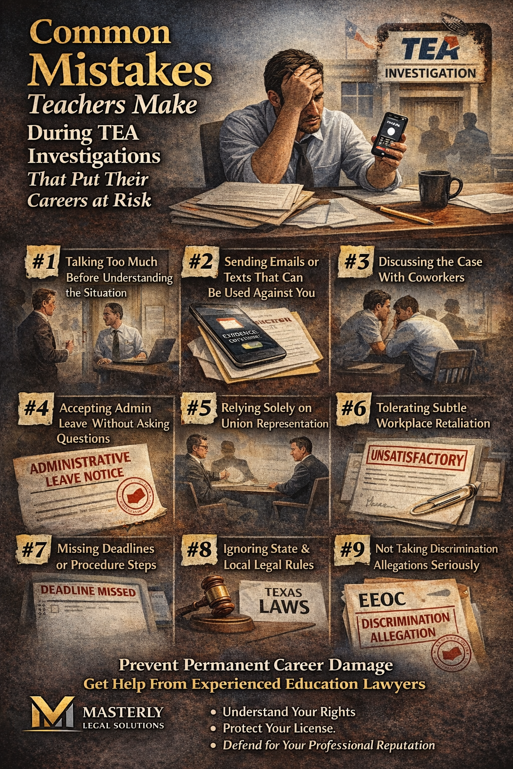 Common Mistakes Teachers Make During TEA Investigations That Put Their Careers at Risk,” showing a stressed teacher at a desk under a TEA investigation scene, with nine highlighted mistakes such as talking too much, sending risky texts or emails, discussing the case with coworkers, accepting admin leave without questions, relying only on a union rep, overlooking retaliation, missing deadlines, ignoring state and local rules, and not taking discrimination allegations seriously, ending with a call to get help from experienced education lawyers from Masterly Legal Solutions.