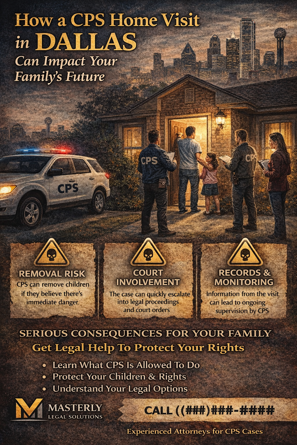 How a CPS Home Visit in Dallas Can Impact Your Family’s Future,” showing CPS investigators and a marked CPS vehicle outside a home at dusk with the Dallas skyline in the background, highlighting key risks like removal risk, court involvement, and records and monitoring, and encouraging families to seek legal help from Masterly Legal Solutions to protect their rights and children.