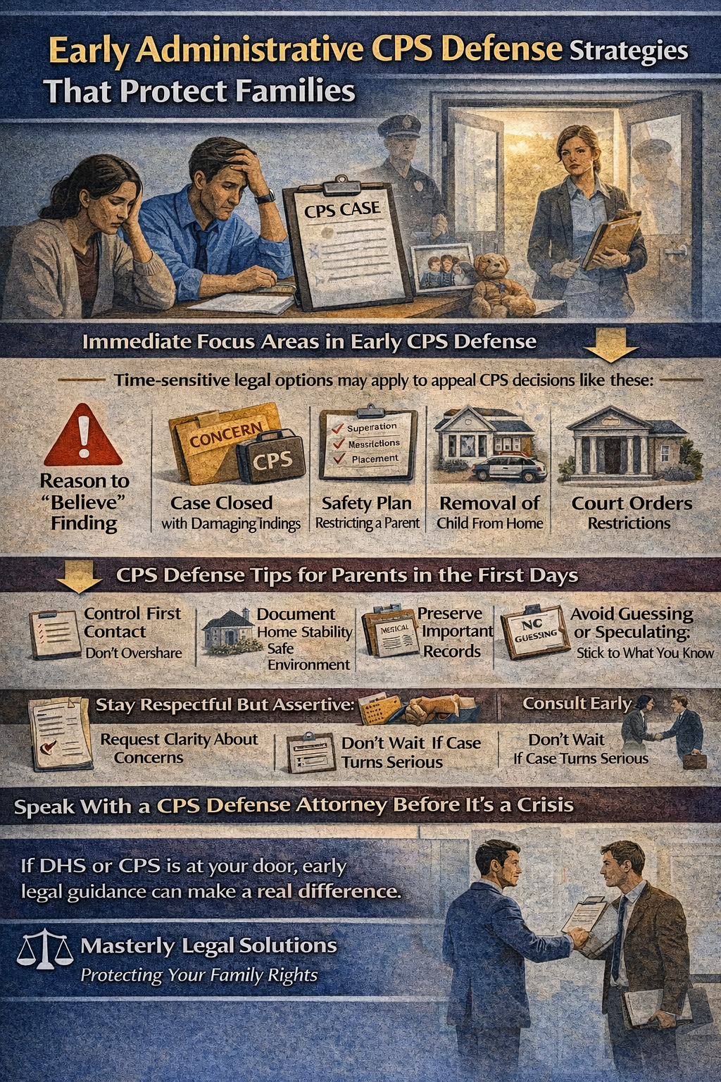 Early Administrative CPS Defense Strategies That Protect Families,” showing parents stressed during a CPS home investigation while a caseworker stands in the doorway. It outlines urgent CPS outcomes that can happen early, including a “reason to believe” finding, a case closed with damaging findings, a restrictive safety plan, removal of a child from the home, and court-ordered restrictions. The infographic provides first-day CPS defense tips such as controlling first contact, documenting a safe and stable home environment, preserving important records, and avoiding guessing or speculating. It also encourages parents to stay respectful but assertive, request clarity about concerns, and consult an attorney early before the case escalates, branded with Masterly Legal Solutions.
