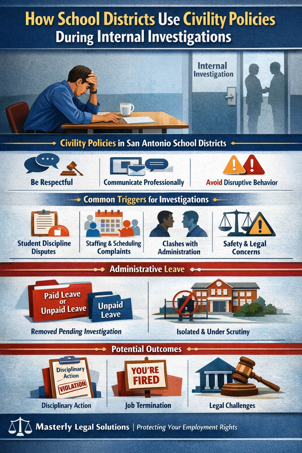 How School Districts Use Civility Policies During Internal Investigations,” showing a stressed employee at a desk outside an investigation office. It highlights civility expectations—be respectful, communicate professionally, and avoid disruptive behavior—plus common investigation triggers like student discipline disputes, staffing complaints, clashes with administration, and safety/legal concerns. It explains administrative leave (paid or unpaid) and possible outcomes including disciplinary action, job termination, or legal challenges, branded with Masterly Legal Solutions.