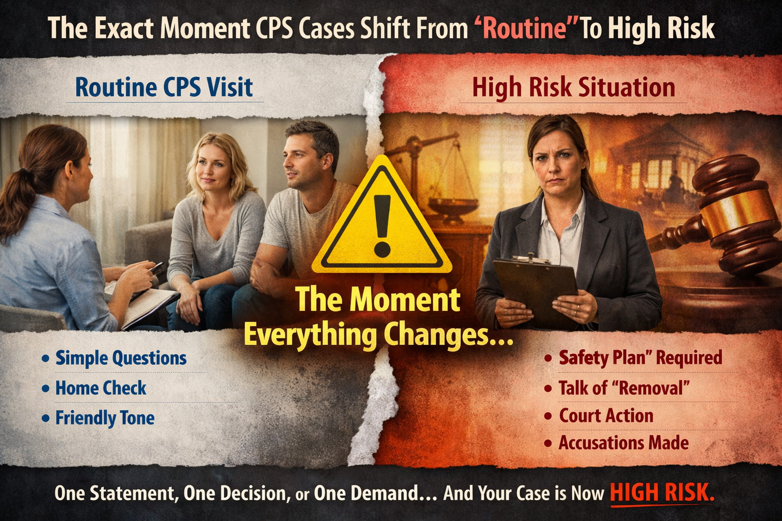Infographic showing the moment CPS cases shift from routine to high risk during an investigation.