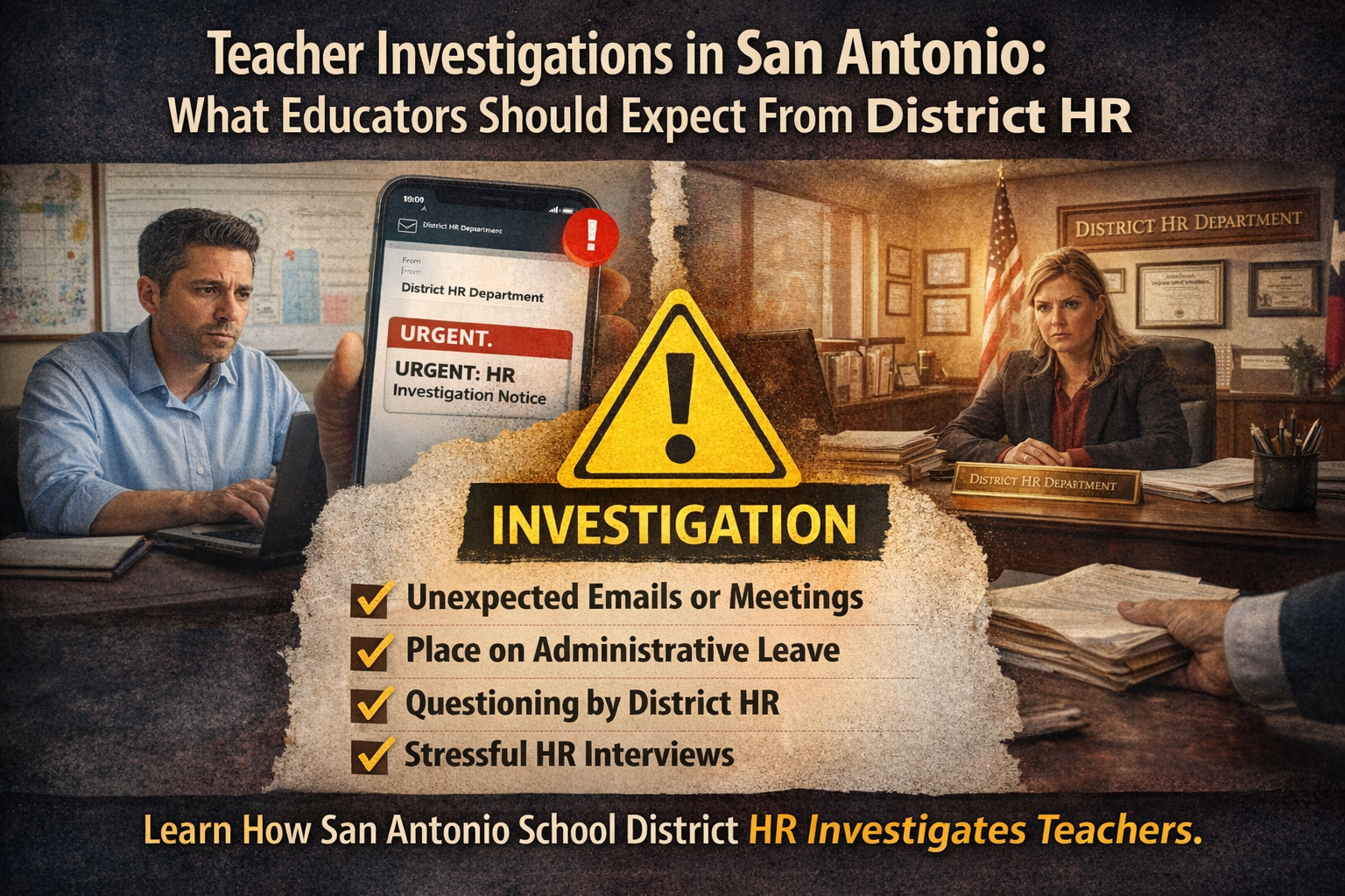 Infographic showing a teacher investigation in San Antonio, including an HR investigation notice, administrative leave, and district HR interviews.