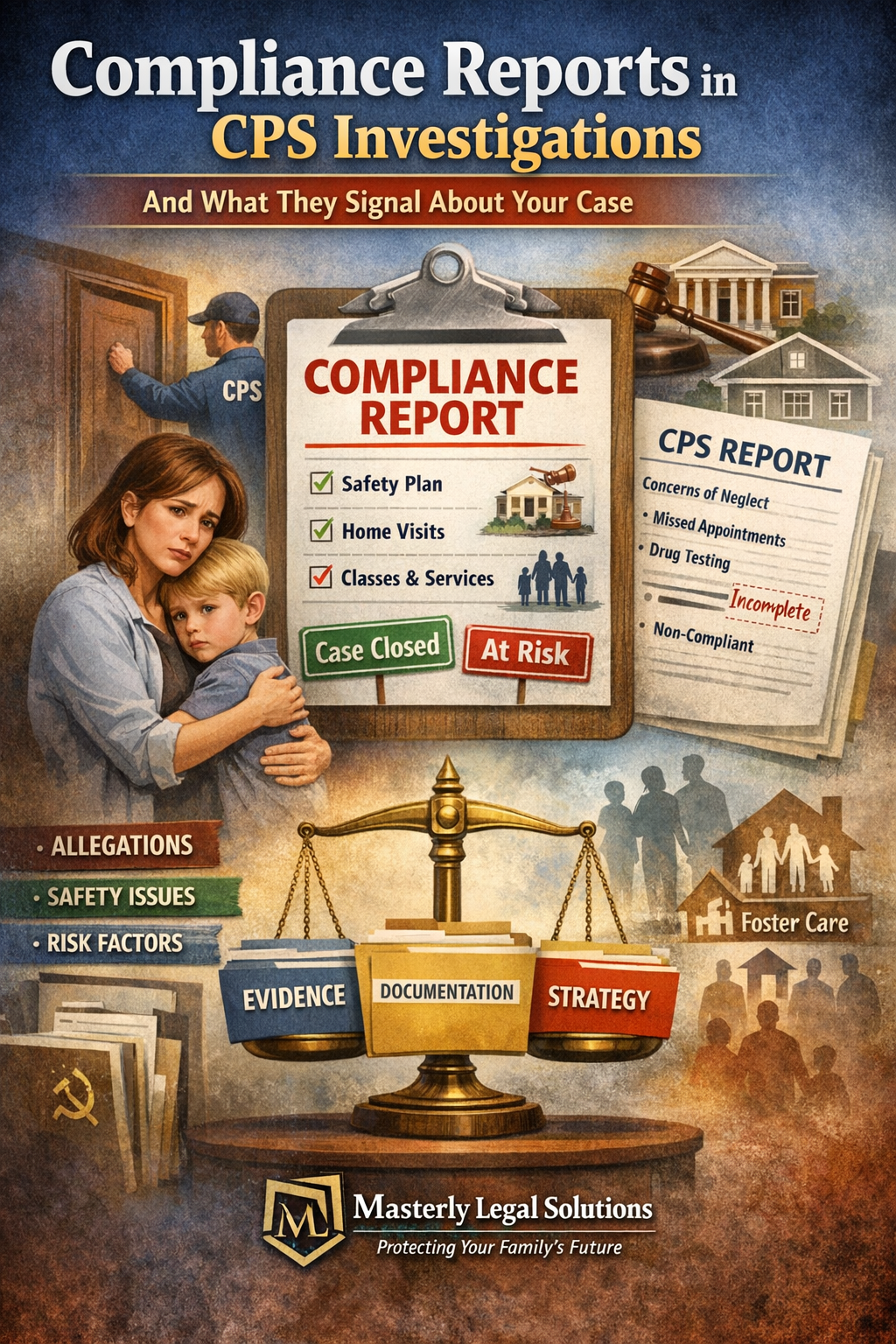 Compliance Reports in CPS Investigations and What They Signal About Your Case,” showing a worried mother holding her child beside a large compliance report checklist with items like safety plan, home visits, and classes & services, along with court and gavel icons, a CPS report marked incomplete, and a balance scale labeled evidence, documentation, and strategy above the Masterly Legal Solutions logo.