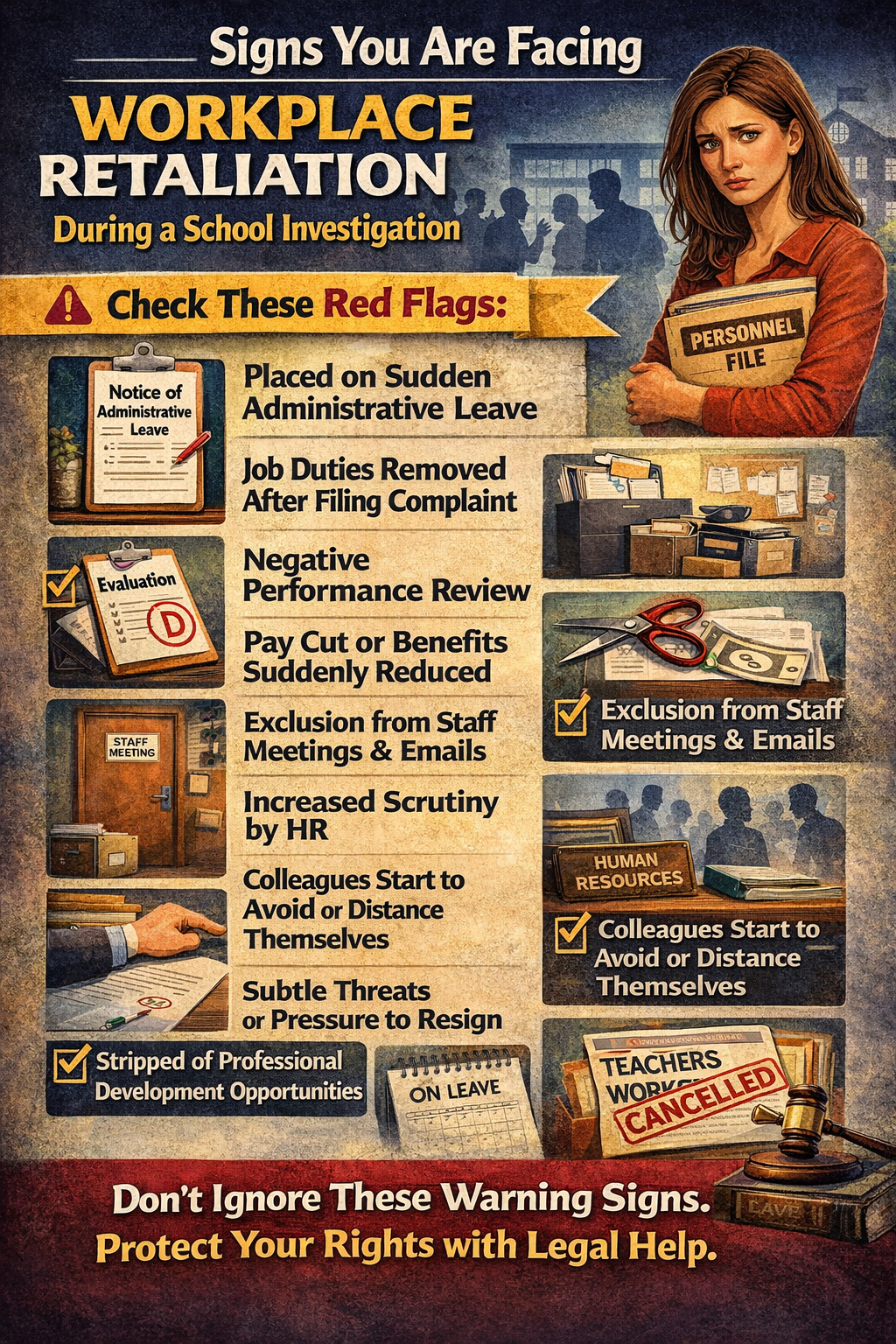 Signs You Are Facing Workplace Retaliation During a School Investigation” showing a concerned teacher holding a personnel file in a school setting. The image presents a checklist of retaliation warning signs, including sudden administrative leave, job duties removed after filing a complaint, negative performance reviews, pay or benefits reduced, exclusion from staff meetings and emails, increased HR scrutiny, colleagues distancing themselves, pressure to resign, and loss of professional development opportunities. Visual icons include evaluation forms, HR files, scissors cutting documents, meeting doors, and a gavel, emphasizing the need to recognize retaliation and seek legal help.