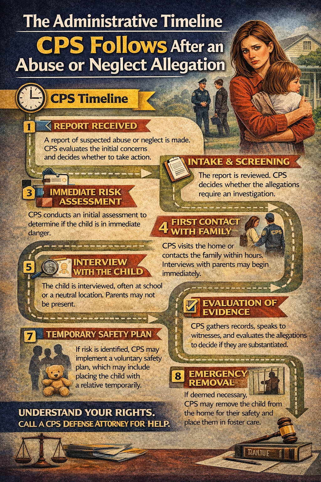 The Administrative Timeline CPS Follows After an Abuse or Neglect Allegation” showing a step-by-step CPS process illustrated as a winding timeline. The graphic includes stages such as report received, intake and screening, immediate risk assessment, first contact with the family, interview with the child, evaluation of evidence, temporary safety plan, and emergency removal leading to foster care. Visual elements include CPS workers, a parent holding a child, law enforcement figures, documents, clocks, and legal symbols like scales of justice and a gavel, emphasizing how quickly CPS decisions can impact families and the importance of understanding parental rights.