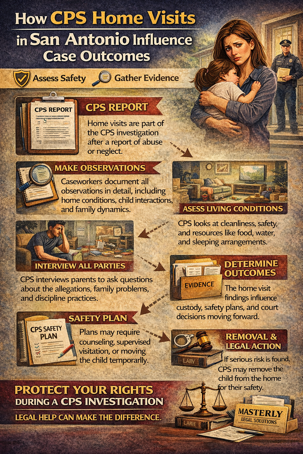 How CPS Home Visits in San Antonio Influence Case Outcomes” showing a CPS investigation process during a home visit. The image depicts a parent holding a child outside a home while a CPS worker observes, alongside illustrated steps explaining how CPS home visits affect cases. Panels show CPS reviewing a report, making detailed observations, assessing living conditions, interviewing parents and family members, gathering evidence, creating safety plans, and determining outcomes such as custody decisions or possible removal. Legal symbols and messaging emphasize that CPS home visit findings strongly influence investigations and the importance of protecting parental rights with legal guidance.
