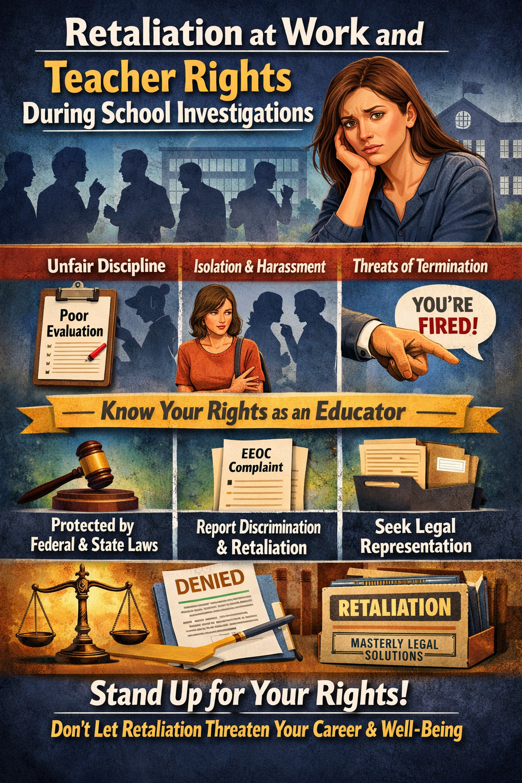 Retaliation at Work and Teacher Rights During School Investigations” showing a stressed teacher in a school setting, with panels highlighting unfair discipline, isolation and harassment, and threats of termination. Visual elements include a poor evaluation clipboard, a pointing hand saying “You’re fired,” legal symbols like a gavel and scales of justice, an EEOC complaint form, and documents labeled retaliation. The image emphasizes educators’ legal protections, reporting discrimination, and seeking legal representation to stand up for workplace rights.