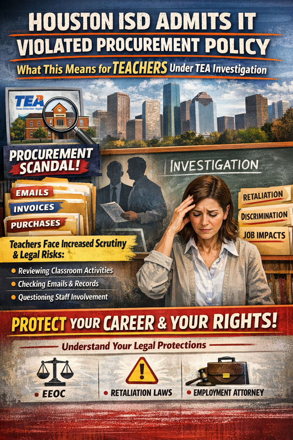 Infographic showing Houston ISD admitting to a procurement policy violation and explaining what it means for teachers under TEA investigation, including increased scrutiny of emails, invoices, purchasing activity, and risks of retaliation, discrimination, and job impacts.
