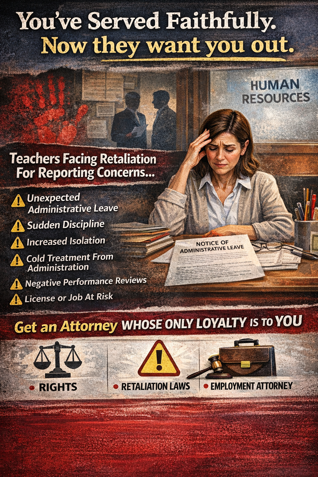 Emotional infographic showing a stressed teacher at a desk with a ‘Notice of Administrative Leave’ while HR figures stand in the background, warning of retaliation signs like sudden discipline, isolation, negative reviews, and risk to a teaching license, with a call to get an employment attorney.