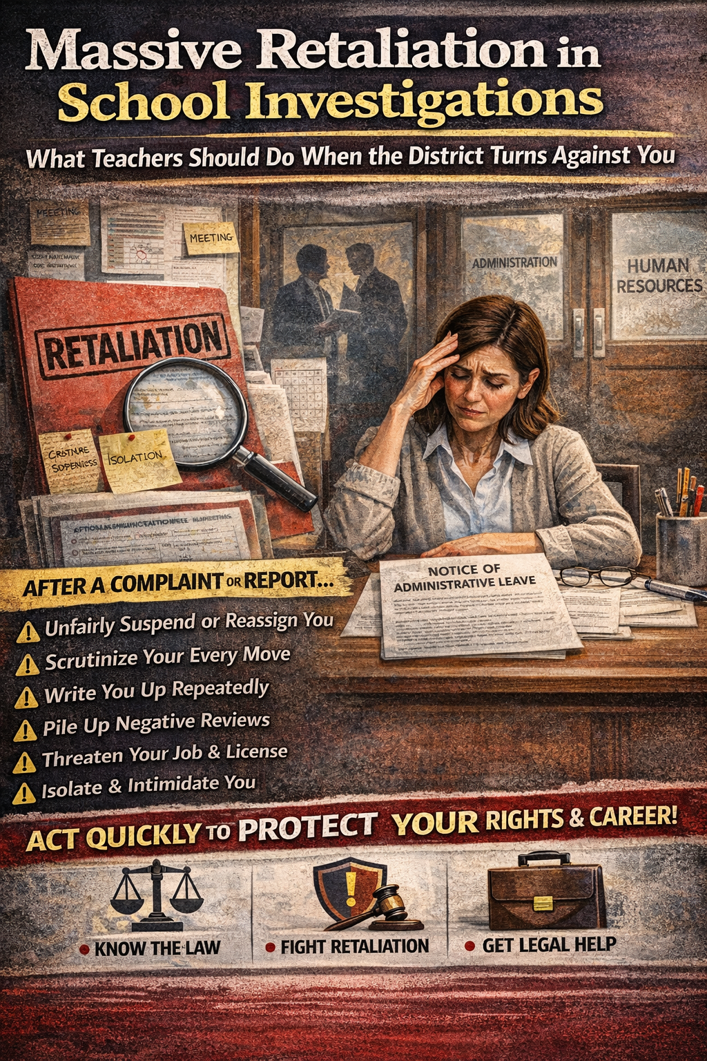 Infographic titled ‘Massive Retaliation in School Investigations’ showing a stressed teacher holding a ‘Notice of Administrative Leave’ with HR and administration in the background, listing retaliation warning signs like suspension, reassignment, increased scrutiny, repeated write-ups, negative reviews, and threats to job or teaching license, urging teachers to act quickly and get legal help.