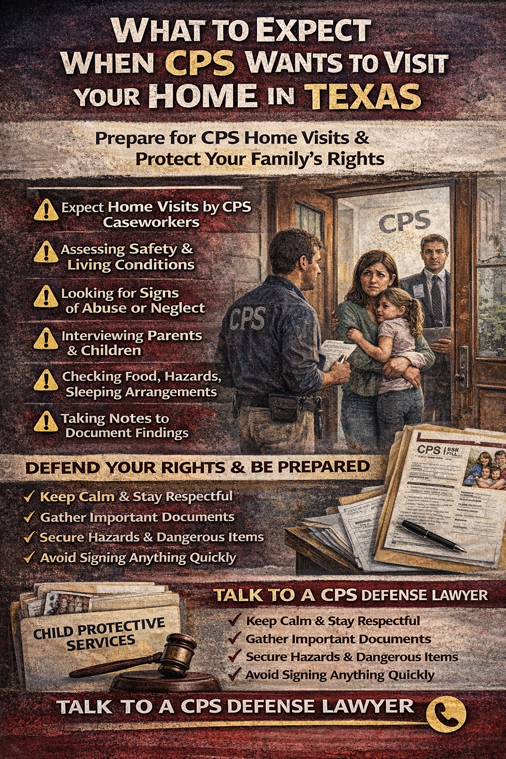 What to Expect When CPS Wants to Visit Your Home in Texas’ showing CPS caseworkers speaking with a worried mother holding a child, listing what CPS looks for during home visits—safety conditions, signs of abuse or neglect, interviews, and documentation—plus a checklist to stay calm, gather documents, secure hazards, and avoid signing anything quickly.