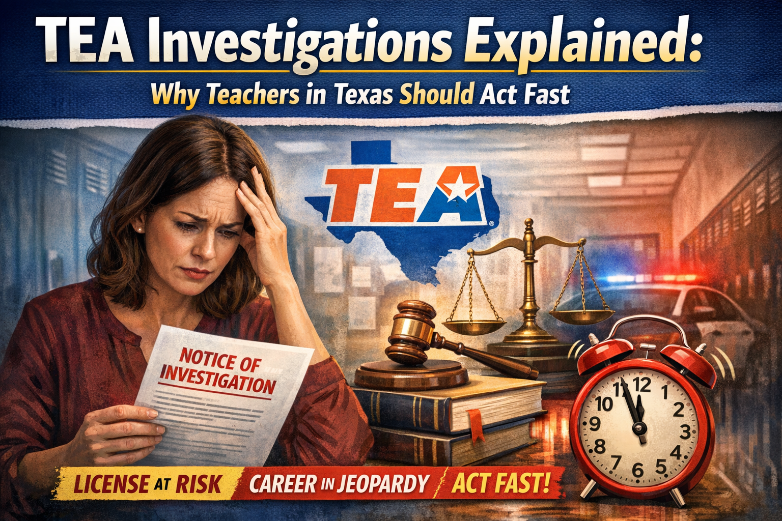 TEA Investigations Explained: Why Teachers in Texas Should Act Fast” showing a stressed teacher holding a “Notice of Investigation” letter, with a Texas TEA logo behind her, a gavel and scales of justice on books, flashing police lights in the background, and a red alarm clock beside text reading “License at Risk,” “Career in Jeopardy,” and “Act Fast!
