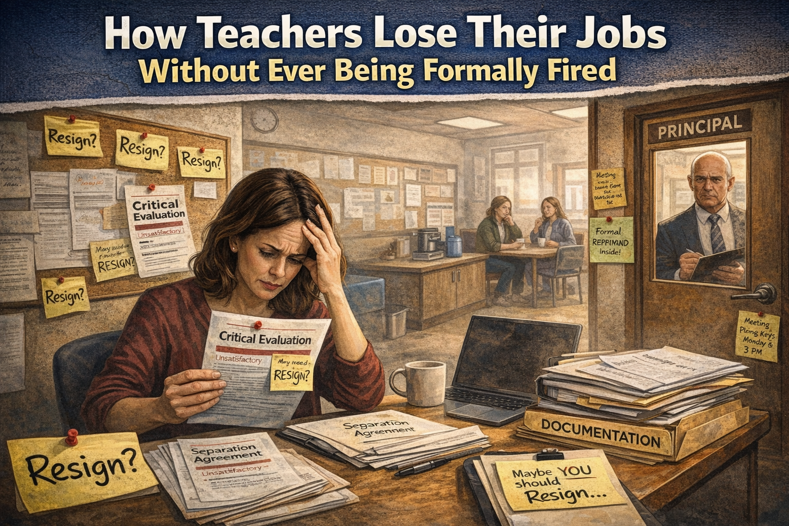 How Teachers Lose Their Jobs Without Ever Being Formally Fired” showing a stressed teacher reading a “Critical Evaluation” while surrounded by resignation notes, separation agreement paperwork, and a stack labeled “Documentation,” with a stern principal watching through an office door in the background.