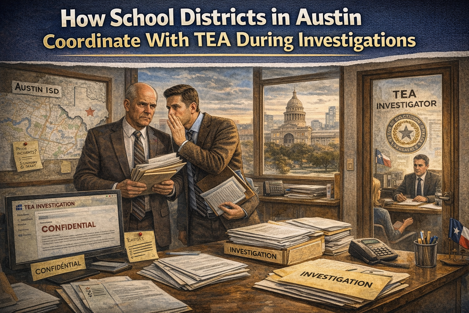 How School Districts in Austin Coordinate With TEA During Investigations” showing two school district officials reviewing documents in an office with an Austin ISD map and a “Confidential TEA Investigation” file on a desk, the Texas State Capitol visible through the window, and a TEA investigator meeting with a teacher in a nearby office.