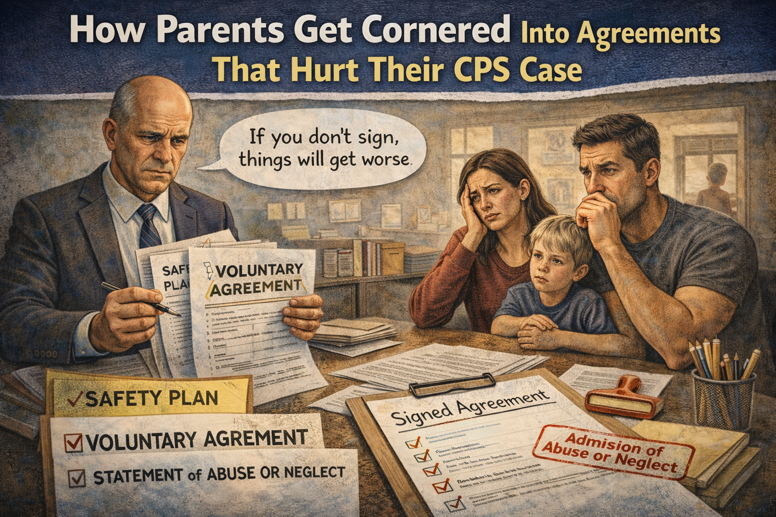 Alt text: Illustration of a CPS worker pressuring two distressed parents to sign paperwork labeled “Safety Plan” and “Voluntary Agreement,” with a speech bubble saying, “If you don’t sign this, things will get worse,” and a “Signed Agreement” document stamped “Admission of Abuse or Neglect” on the table.