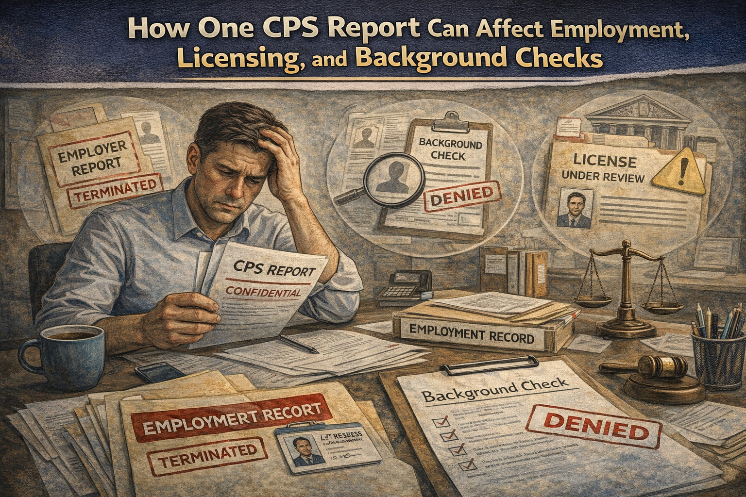 How One CPS Report Can Affect Employment, Licensing, and Background Checks” showing a stressed professional at a desk holding a “CPS Report – Confidential,” surrounded by documents stamped “Terminated,” “Denied,” and “License Under Review,” with a courthouse and scales of justice in the background to highlight career and credential risks.