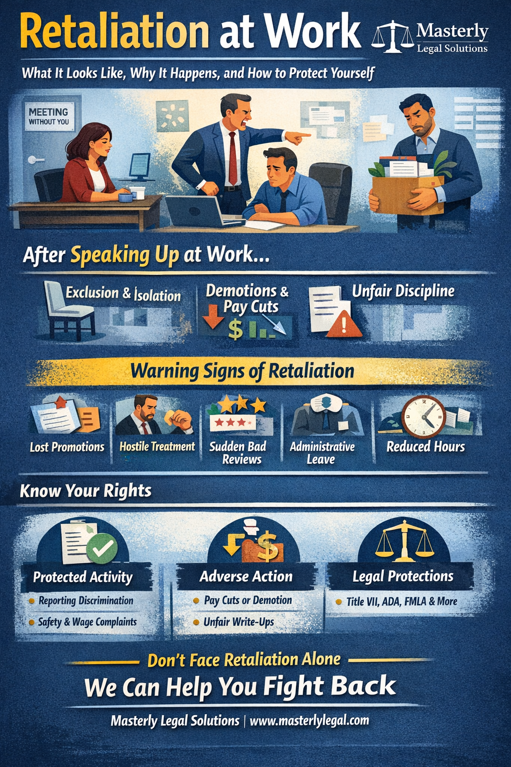 Retaliation at Work: What It Looks Like, Why It Happens, and How to Protect Yourself” by Masterly Legal Solutions. It shows a workplace scene where an employee is excluded from a meeting, another is being reprimanded, and a worker holds a box of belongings. Key examples listed include exclusion and isolation, demotions and pay cuts, and unfair discipline. Warning signs shown are lost promotions, hostile treatment, sudden bad reviews, administrative leave, and reduced hours. A “Know Your Rights” section highlights protected activity, adverse action, and legal protections such as Title VII, ADA, and FMLA. Bottom message: “Don’t Face Retaliation Alone—We Can Help You Fight Back.