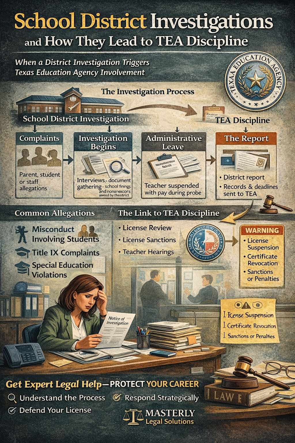 School District Investigations and How They Lead to TEA Discipline” explaining how a district investigation can trigger Texas Education Agency involvement. The top section shows a step-by-step flow: complaints from parents, students, or staff → investigation begins with interviews and document gathering → administrative leave → district report sent to TEA. A section labeled “Common Allegations” lists misconduct involving students, Title IX complaints, and special education violations. Another section explains the link to TEA discipline, including license review, license sanctions, and teacher hearings. A warning box highlights possible outcomes such as license suspension, certificate revocation, and sanctions or penalties. The bottom includes a stressed teacher holding a “Notice of Investigation” and a call to action from Masterly Legal Solutions: “Get Expert Legal Help—Protect Your Career,” with reminders to understand the process, respond strategically, and defend your license.