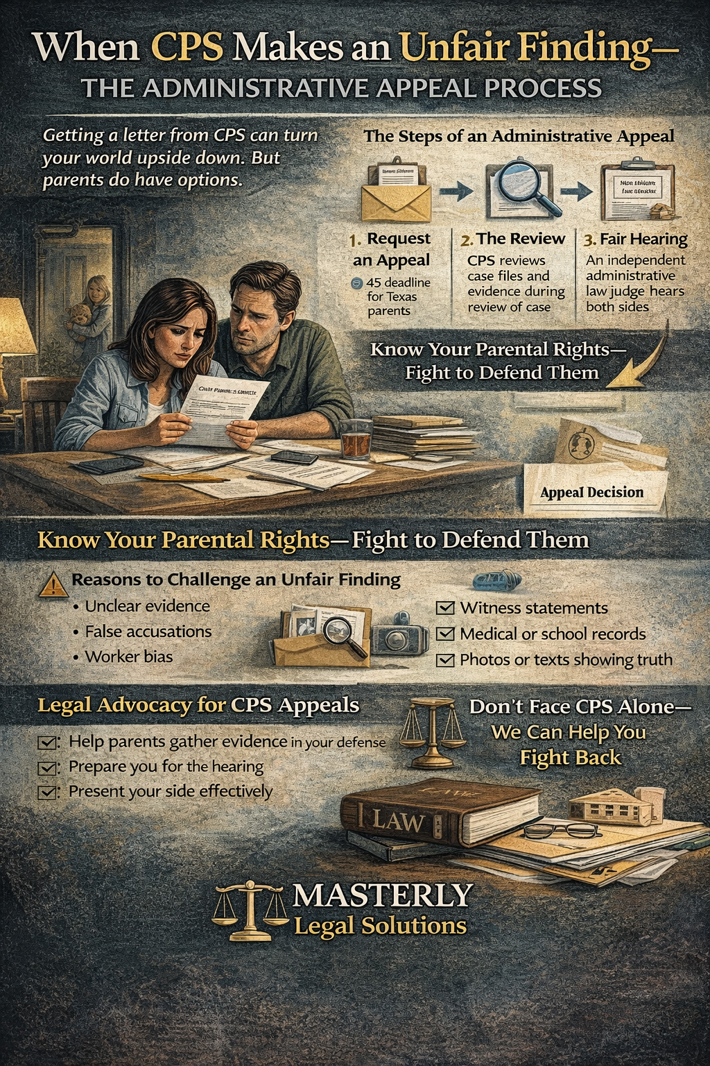 When CPS Makes an Unfair Finding—The Administrative Appeal Process” explaining how Texas parents can challenge a CPS decision. It shows worried parents at a table reviewing a CPS letter while a caseworker stands in the background. A step-by-step section outlines the appeal process: request an appeal, CPS review of case files and evidence, and a fair hearing before an independent administrative law judge. The infographic highlights parental rights and reasons to challenge an unfair finding, including unclear evidence, false accusations, and worker bias. It lists helpful supporting proof such as witness statements, medical or school records, and photos or messages showing context. A final section explains how legal advocacy can help gather evidence, prepare for the hearing, and present the parent’s side effectively, with a call to action from Masterly Legal Solutions encouraging parents not to face CPS alone.