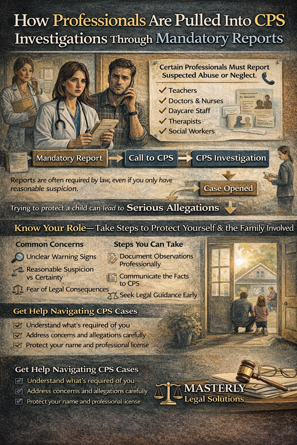 How Professionals Are Pulled Into CPS Investigations Through Mandatory Reports” explaining how mandatory reporting can trigger a CPS case. The top section shows a teacher and a medical professional making a report, alongside a checklist of mandatory reporters such as teachers, doctors and nurses, daycare staff, therapists, and social workers. A flowchart illustrates the process: mandatory report → call to CPS → CPS investigation → case opened, noting that reports may be required even with reasonable suspicion. The infographic warns that trying to protect a child can still lead to serious allegations. A “Know Your Role” section lists common concerns like unclear warning signs, reasonable suspicion vs. certainty, and fear of legal consequences, plus steps professionals can take such as documenting observations professionally, communicating facts to CPS, and seeking legal guidance early. The bottom includes a family meeting with CPS at a home doorway and a call to action from Masterly Legal Solutions encouraging help navigating CPS cases and protecting professional reputations.