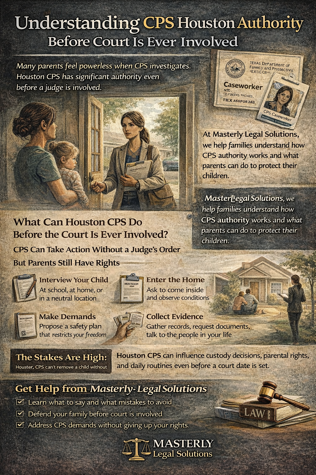 Understanding CPS Houston Authority Before Court Is Ever Involved” explaining what Houston CPS can do before a judge is involved. It shows a CPS caseworker speaking with a parent holding a child at the front door, alongside CPS paperwork and caseworker ID imagery. The infographic lists actions CPS may take without a court order, including interviewing a child at school or home, requesting to enter the home to observe conditions, collecting records and evidence, and proposing a safety plan that can restrict a parent’s daily routine. A section notes that CPS involvement can affect custody decisions, parental rights, and family stability even before court. The bottom includes a call to action from Masterly Legal Solutions encouraging parents to get legal help early, learn what to say, avoid mistakes, and protect their family before court becomes involved.