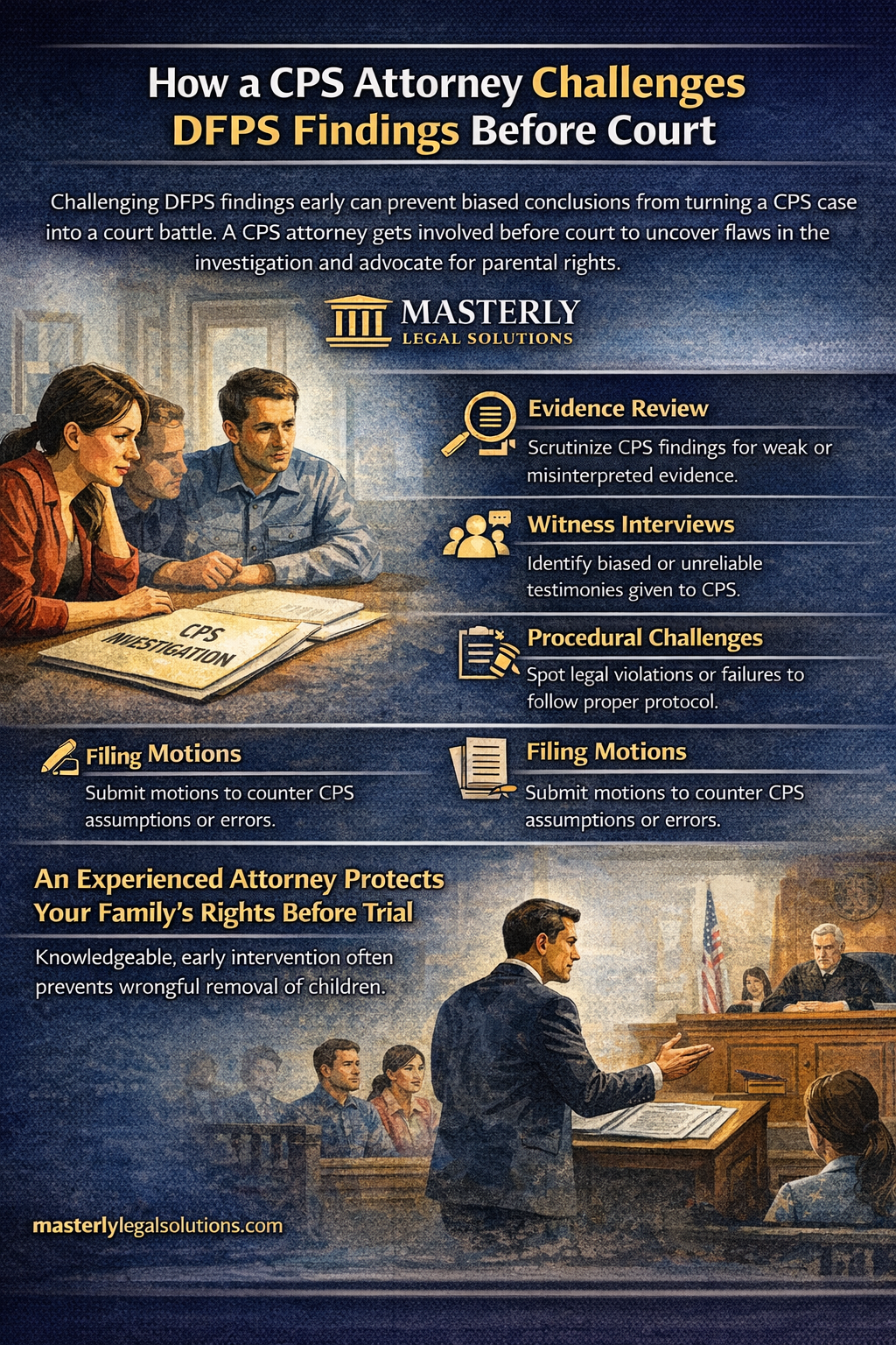 Informational graphic by Masterly Legal Solutions titled “How a CPS Attorney Challenges DFPS Findings Before Court,” showing parents meeting with an attorney during a CPS investigation and a courtroom scene. The image outlines key defense steps such as evidence review, witness interviews, procedural challenges, and filing motions, emphasizing early legal intervention to protect parental rights and prevent wrongful child removal before trial.