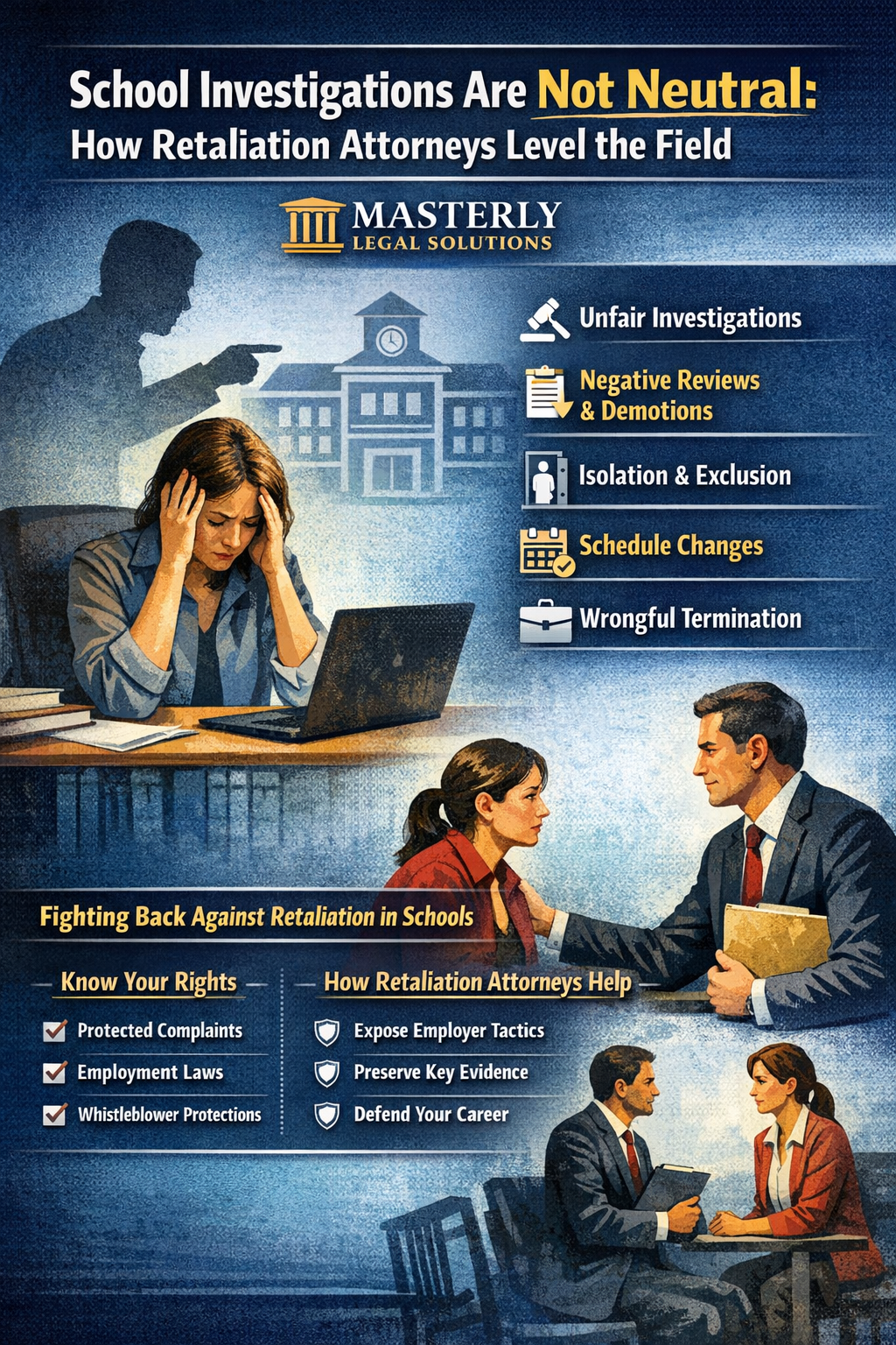 Informational graphic for Masterly Legal Solutions showing a stressed school employee facing an internal investigation, with text reading “School Investigations Are Not Neutral: How Retaliation Attorneys Level the Field.” The image highlights common retaliation tactics in schools such as unfair investigations, negative reviews, schedule changes, isolation, and wrongful termination, alongside visuals of a school building, administrators, and an attorney supporting an employee, emphasizing employee rights and legal protection against retaliation.