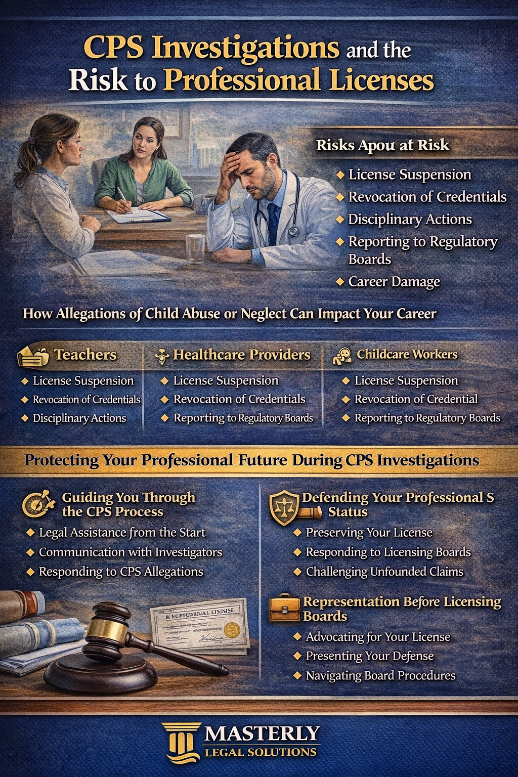 Infographic explaining how CPS investigations can put professional licenses at risk, showing a stressed professional meeting with CPS, legal symbols such as a gavel and license document, and highlighting risks like license suspension, disciplinary action, and reporting to regulatory boards for teachers, healthcare providers, and childcare workers, presented by Masterly Legal Solutions.