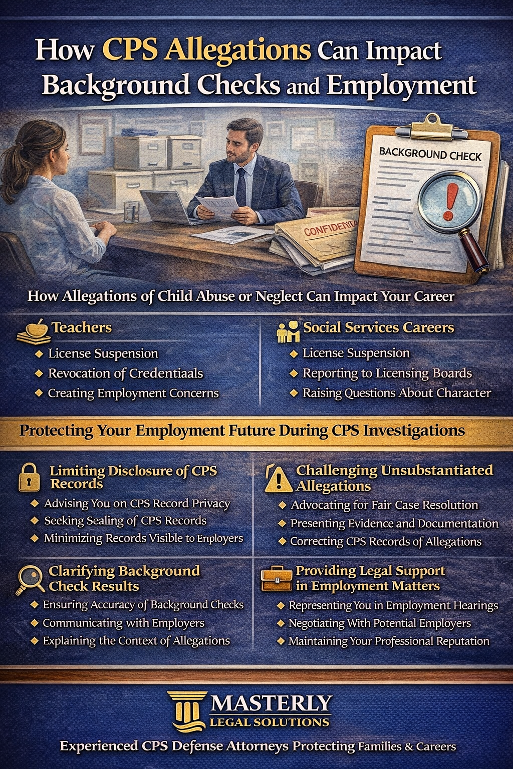 Infographic showing how CPS allegations can impact background checks and employment, highlighting risks to careers and the role of legal defense, presented by Masterly Legal Solutions.