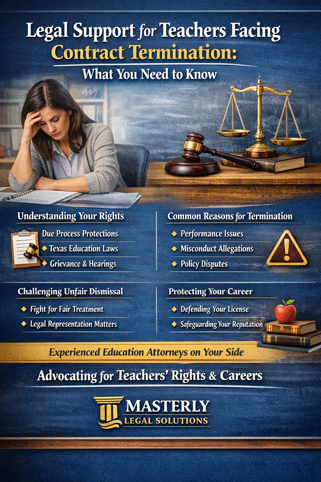 Legal support for teachers facing contract termination infographic showing a stressed teacher at a desk, a judge’s gavel, scales of justice, and key points about due process, Texas education law, grievance hearings, common termination reasons, and protecting teaching licenses, presented by Masterly Legal Solutions.