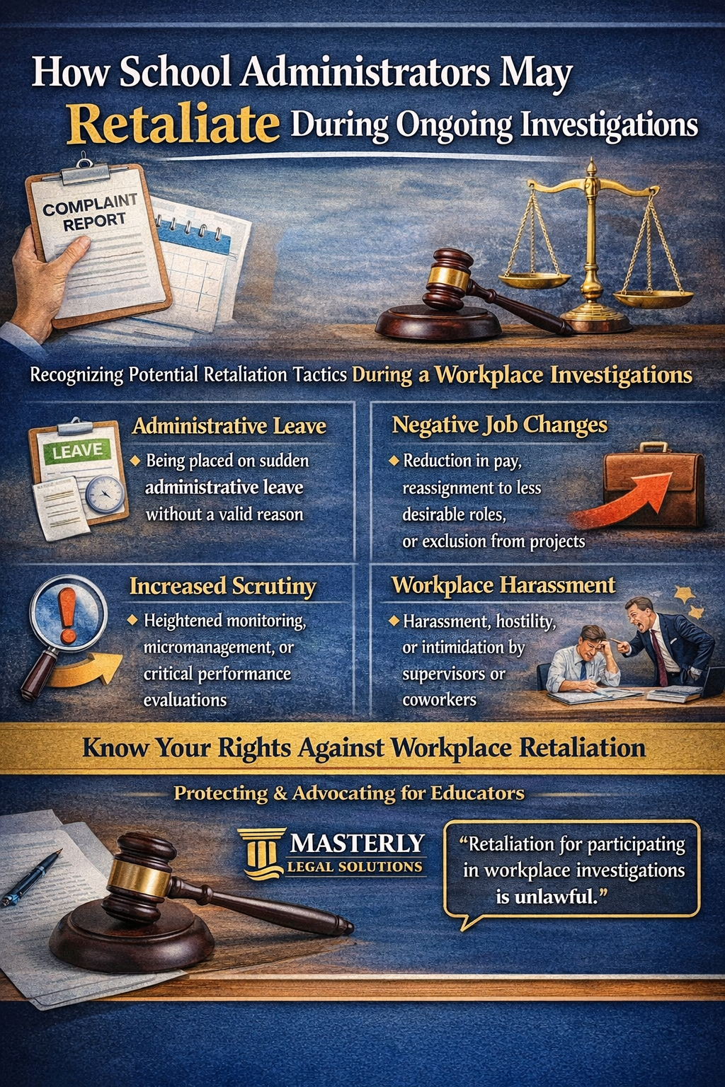 Infographic explaining how school administrators may retaliate during workplace investigations, showing a complaint report, scales of justice, a judge’s gavel, and examples such as administrative leave, negative job changes, increased scrutiny, and workplace harassment, presented by Masterly Legal Solutions.