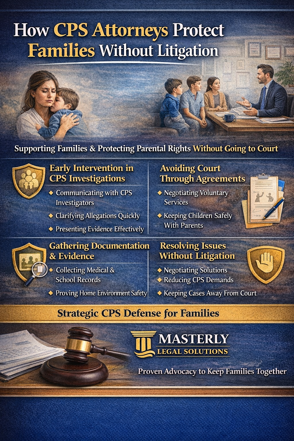 Infographic explaining how CPS attorneys protect families without litigation, showing a family with a child, legal symbols like a gavel and scales of justice, and key concepts such as early intervention, protecting parental rights, avoiding court involvement, and keeping children safely at home, presented by Masterly Legal Solutions.
