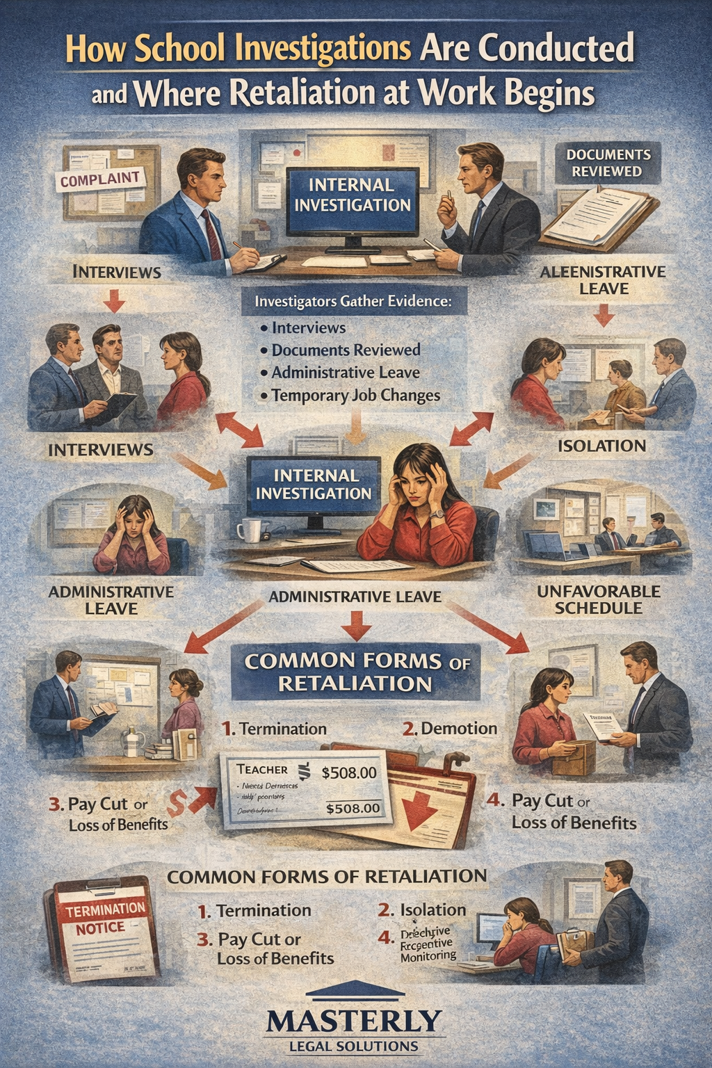 Infographic titled “How School Investigations Are Conducted and Where Retaliation at Work Begins” illustrating the school investigation process, including complaints, interviews, document review, and administrative leave, and showing how these steps can lead to workplace retaliation such as isolation, unfavorable schedules, pay cuts, demotion, or termination, branded with Masterly Legal Solutions.