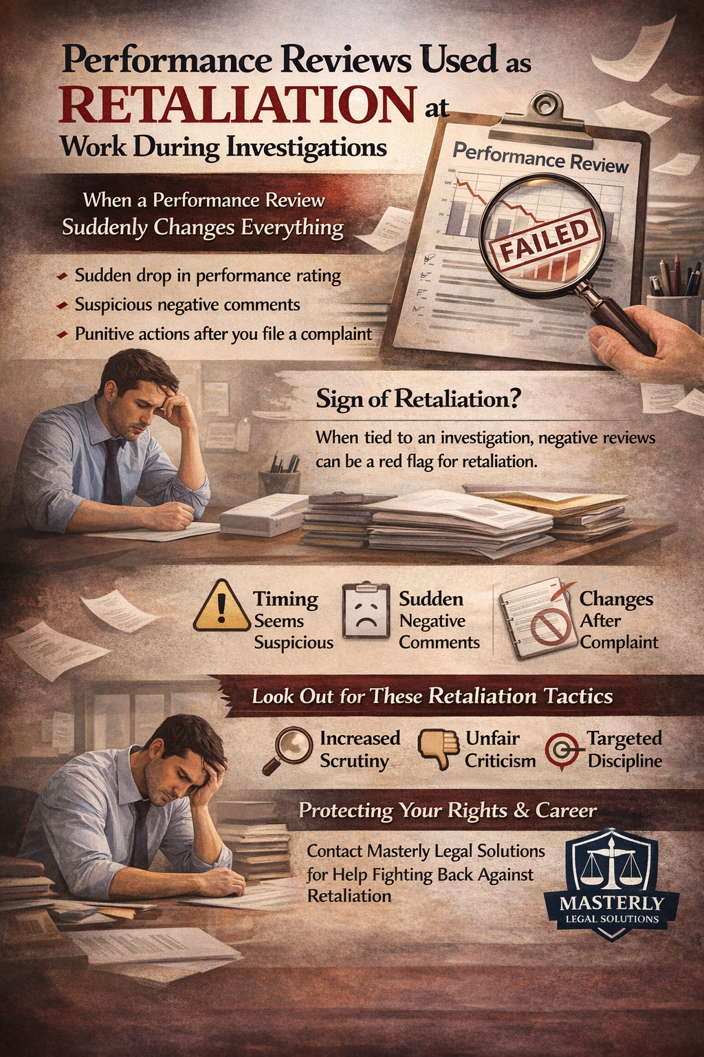 Performance Reviews Used as Retaliation at Work During Investigations’ showing a stressed employee, a failed performance review under a magnifying glass, and warning signs of retaliation such as sudden negative ratings, suspicious timing, unfair criticism, and targeted discipline, branded by Masterly Legal Solutions.