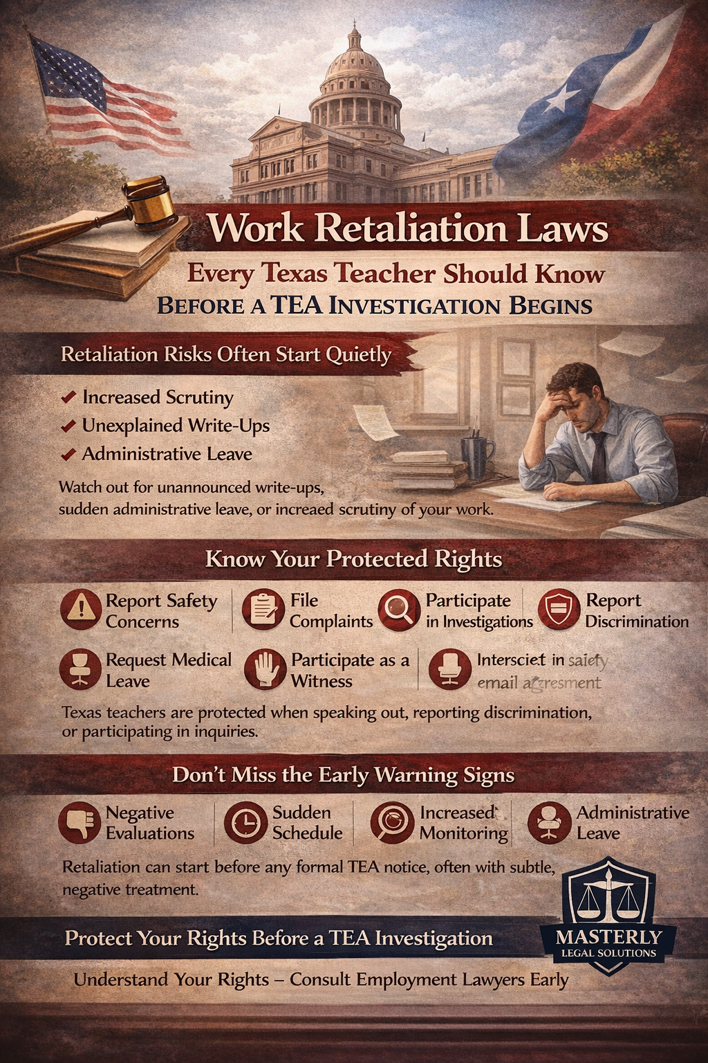 Infographic on work retaliation laws for Texas teachers, showing early warning signs, protected rights, and legal protections before a TEA investigation.