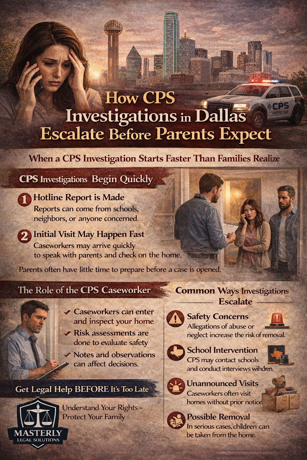 How CPS Investigations in Dallas Escalate Before Parents Expect’ showing a concerned parent, CPS caseworker interactions, home visits, and key escalation points such as hotline reports, safety concerns, unannounced visits, and possible child removal, branded by Masterly Legal Solutions.