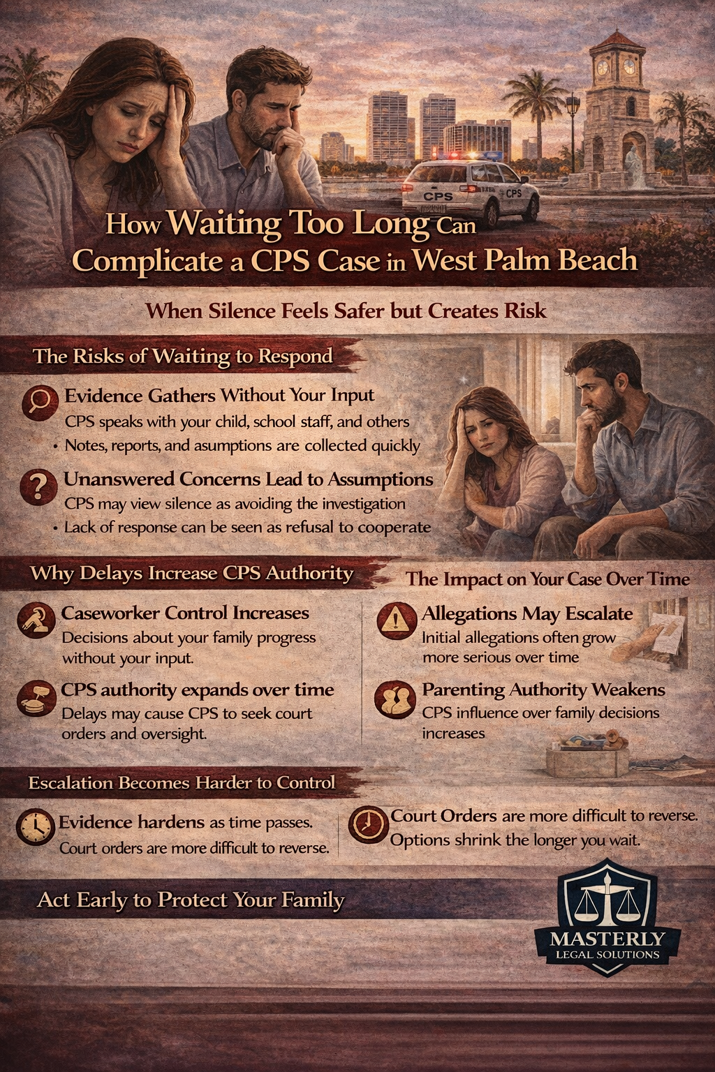 Infographic warning that delaying action in a West Palm Beach CPS case can lead to escalation, loss of control, and court involvement.