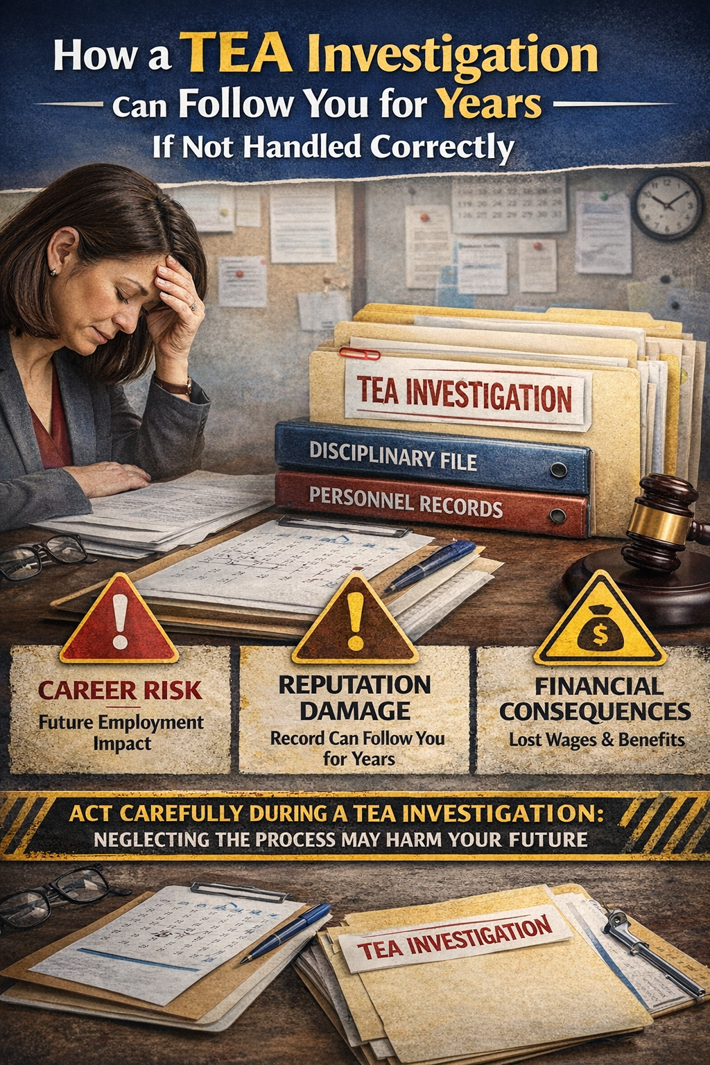 Graphic showing a stressed teacher beside files labeled “TEA Investigation,” highlighting long-term career risk, reputation damage, and financial consequences if an investigation is mishandled.